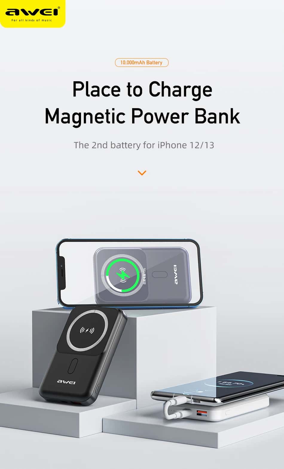 Awei P139K 10000mAh 15W Magnetic Wireless Power Bank