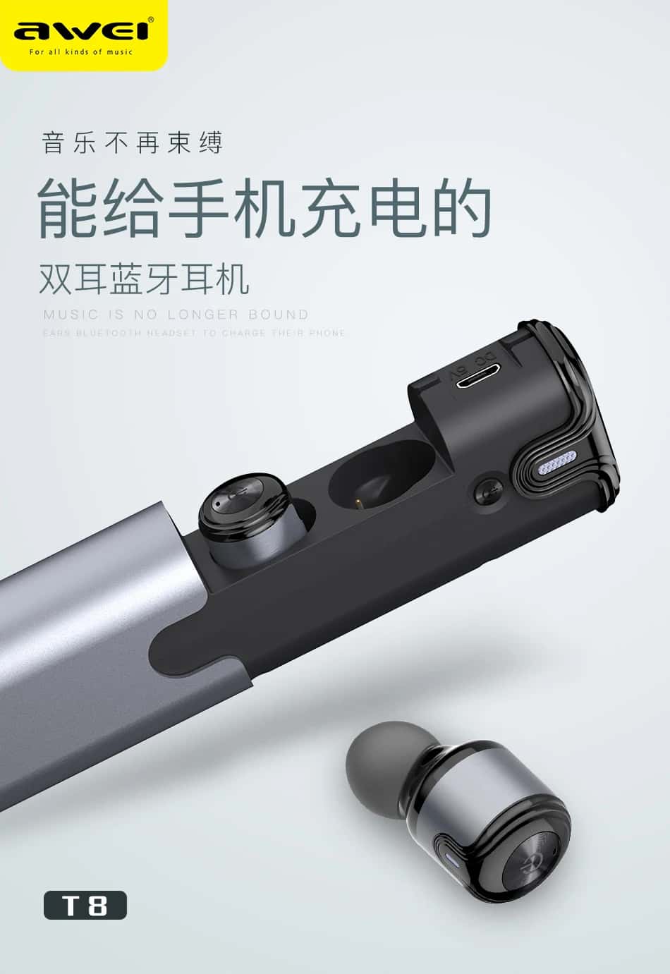 AWEI T8 TWS Wireless Bluetooth Earphone Earbuds