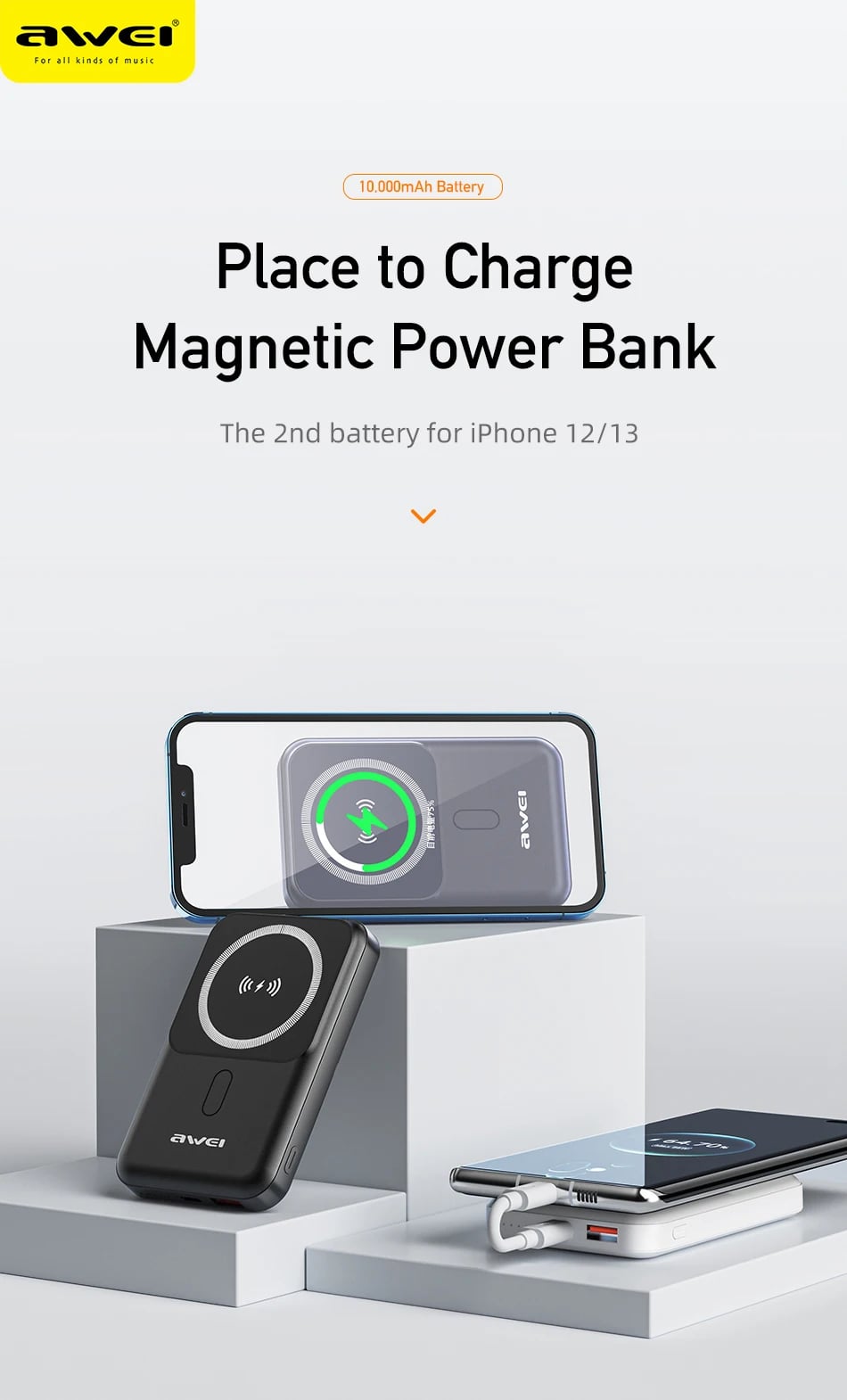 Awei P139K 10000mAh 15W Magnetic Wireless Power Bank image 1