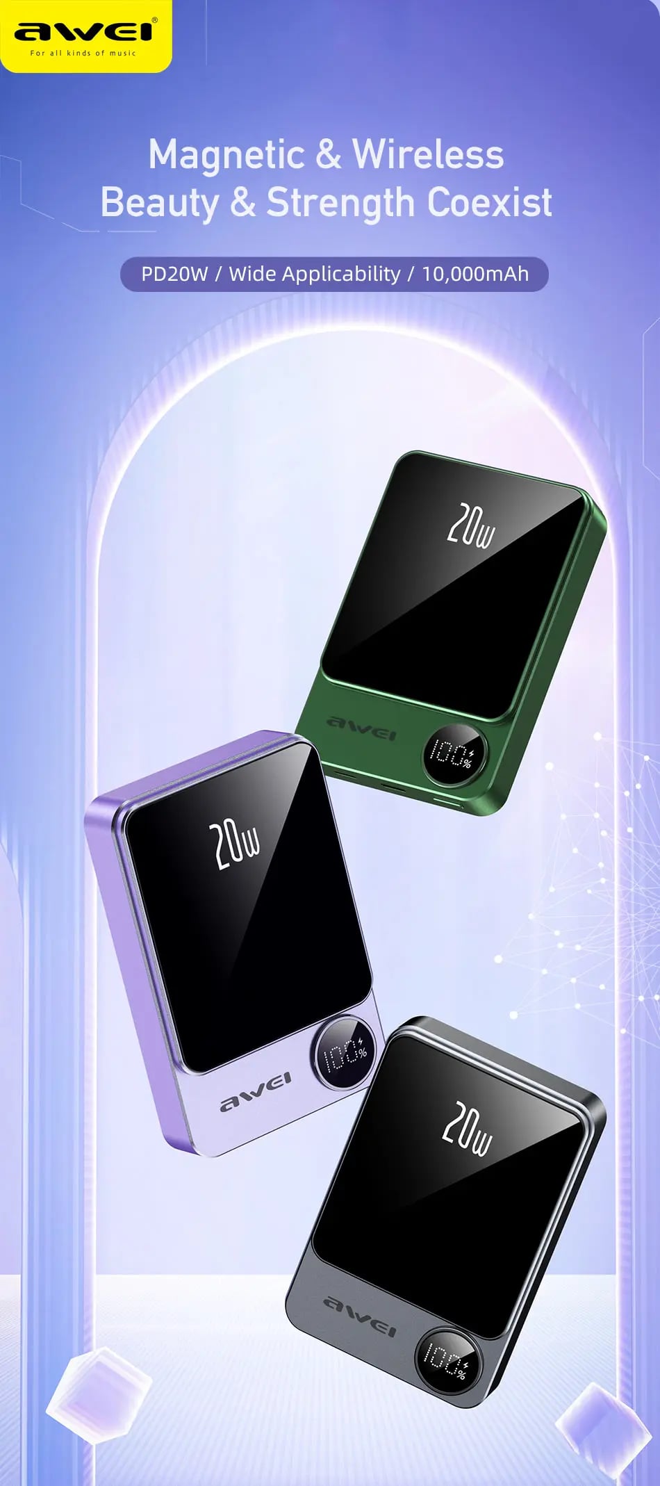 Awei P39K 10000mah 20W PD Wireless Magnetic Power Bank image 1