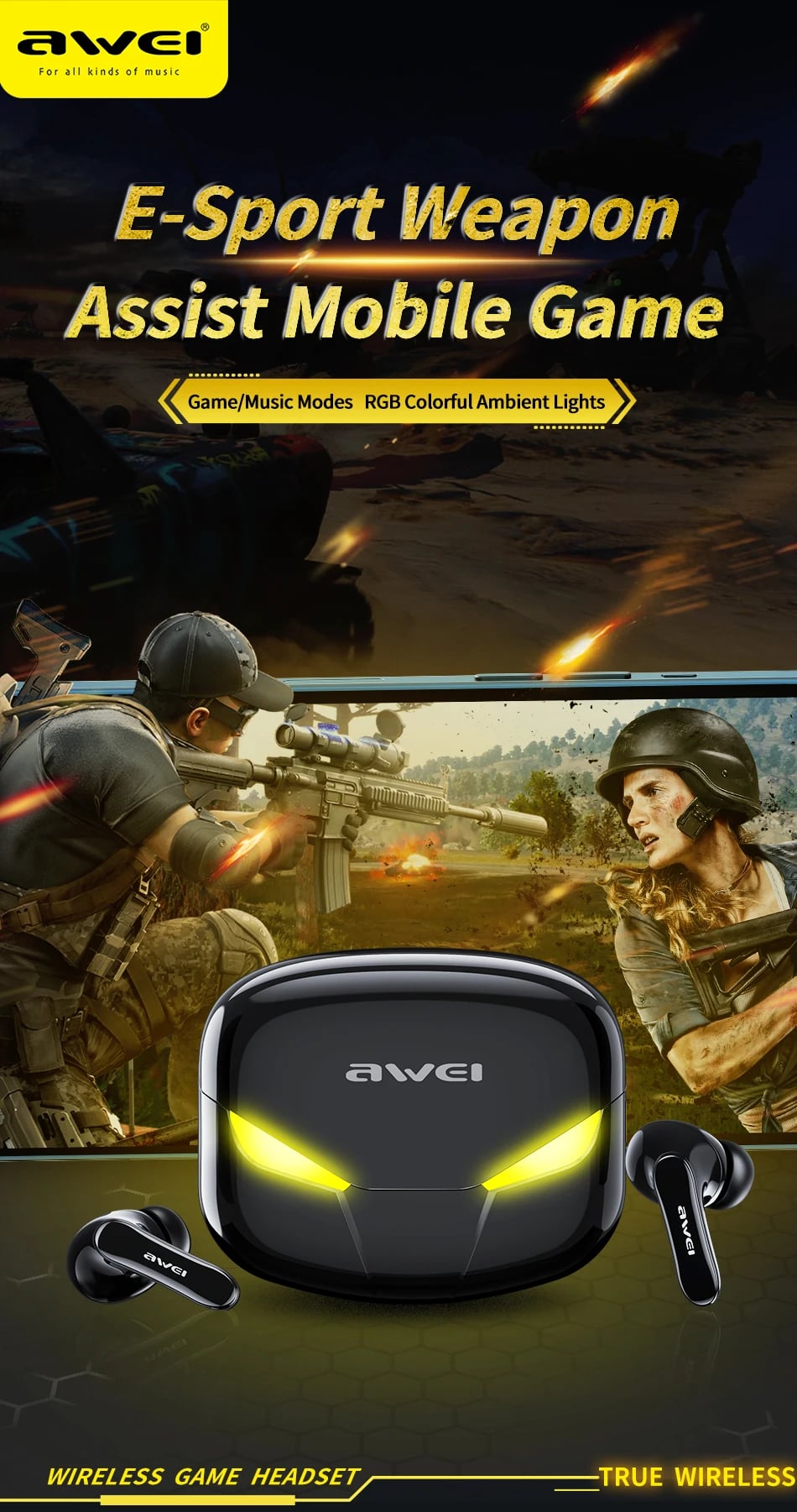 Awei T35 TWS Gaming Earphone with Charging Case image 1