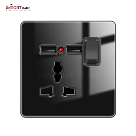 Full Glass 3 Pin USB Socket with Switch Black image 1