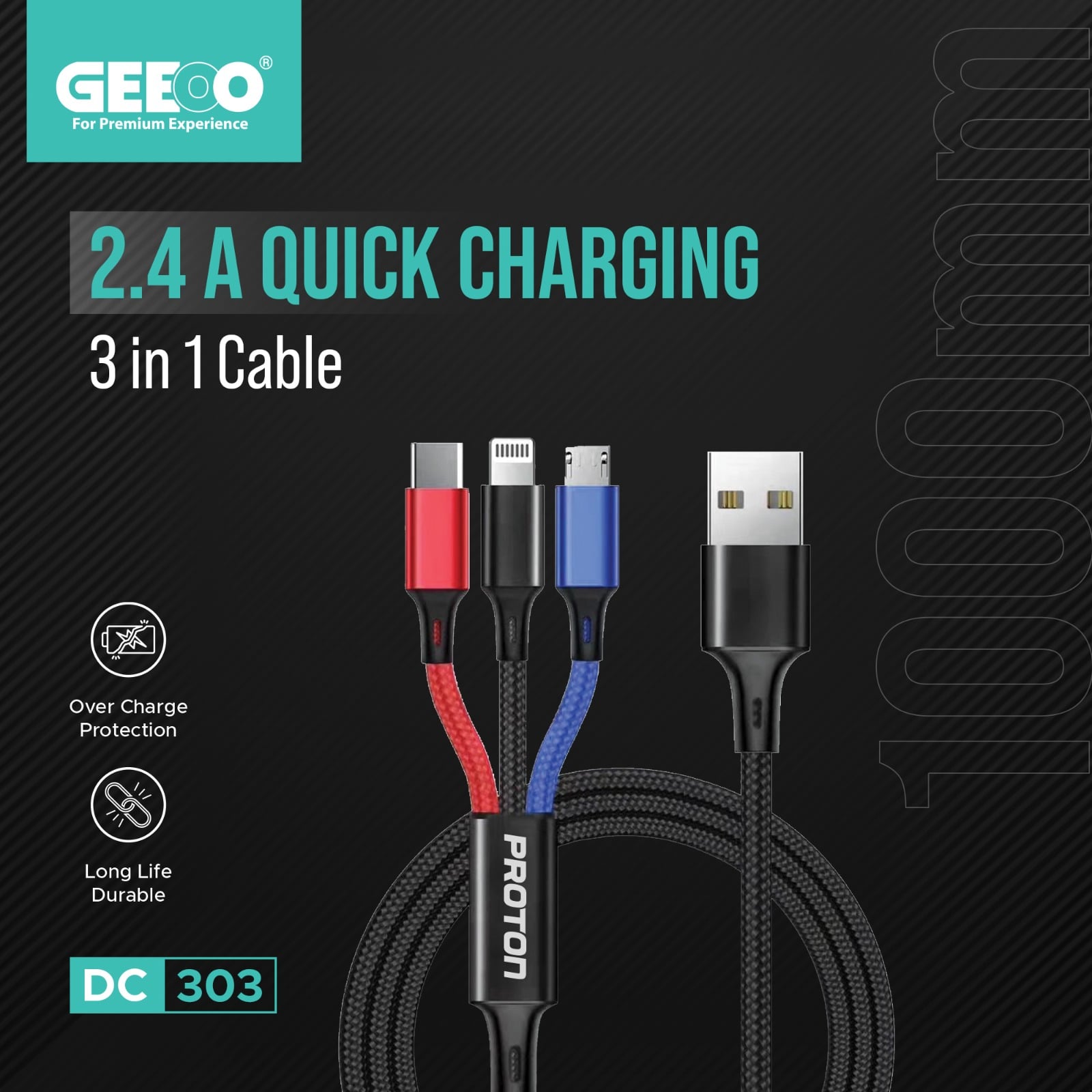 GEEOO 2.4A Fast Charging 3 in 1 Cable 1M Long image 1
