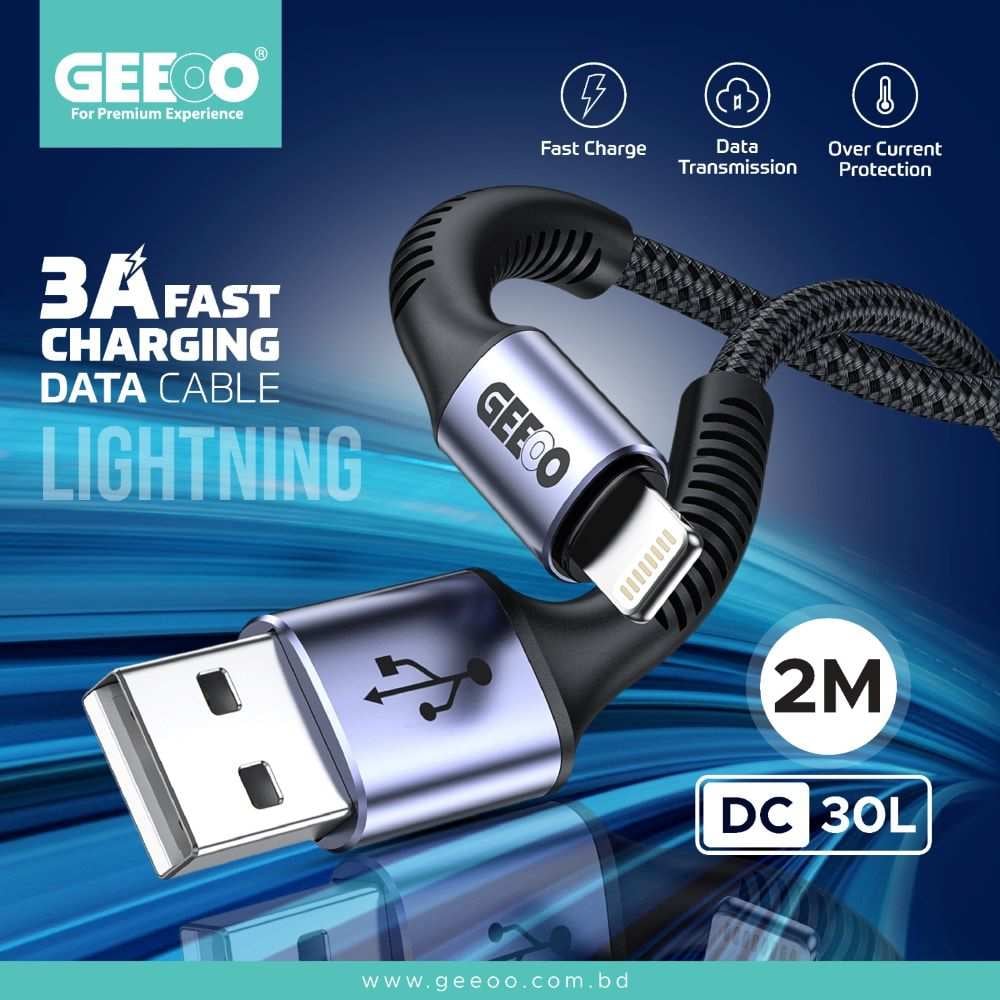 GEEOO 3A Fast Charging 2M Long (Lightning) Data Cable image 1