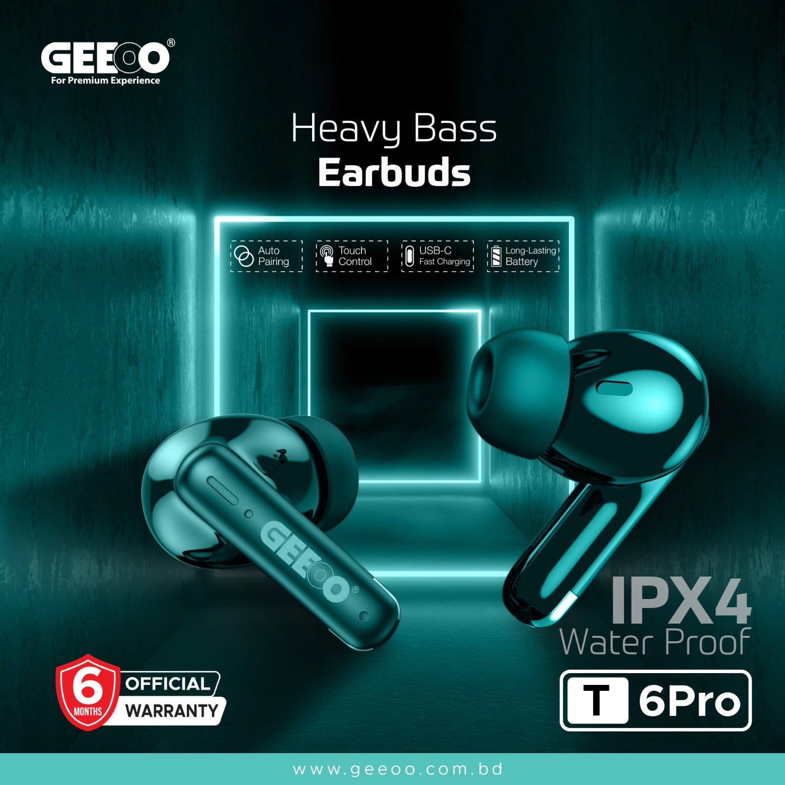 GEEOO T6 Pro Heavy Bass Fast Charging Earbuds image 1