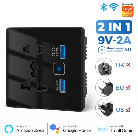 Wifi USB and 5 pin Socket 10A Round Corner Black image 1