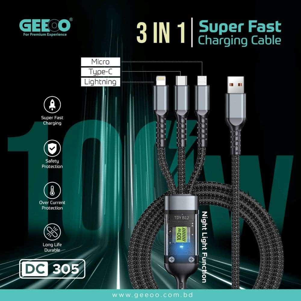 GEEOO 3 in 1 Super Fast Charging Cable 1M Long 100W Safe Charge