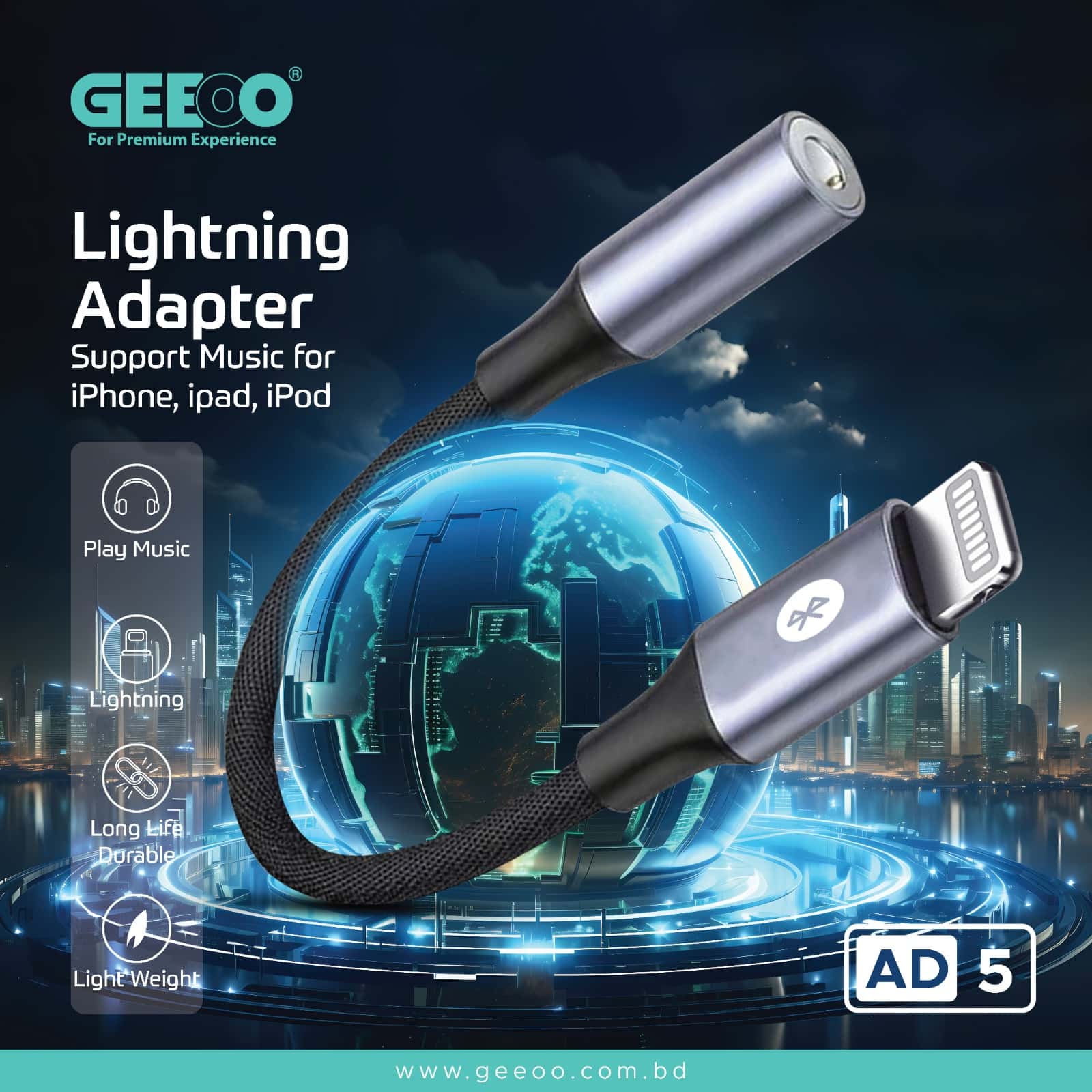 GEEOO AD5 Lightning to 3.5mm Headphone Jack Adapter Bluetooth Supported