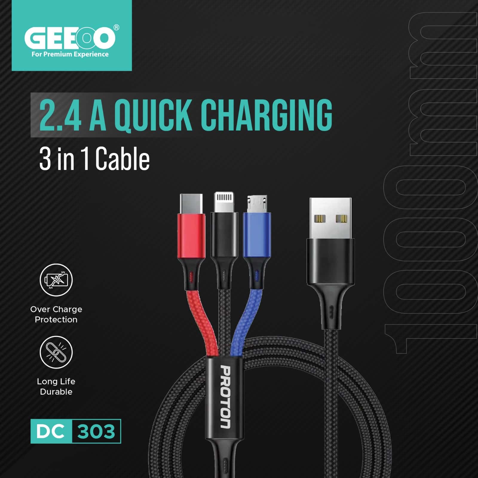 GEEOO 2.4A Fast Charging 3 in 1 Cable 1M Long