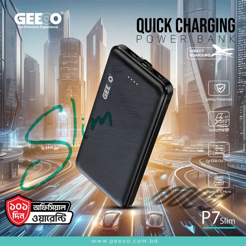 GEEOO QUICK CHARGE POWER BANK Model : P7 Slim Color : Black Material : PC Battery capacity : 10000mAh/37Wh/3.7V Output Dual USB : 5V=