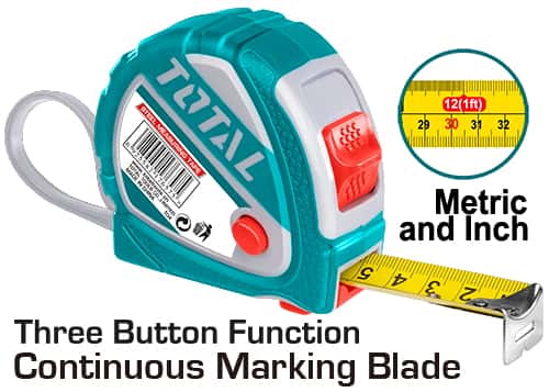 TOTAL Steel Measuring Tape TMT126101 – 10mx25mm With metric and inch With rubber cover