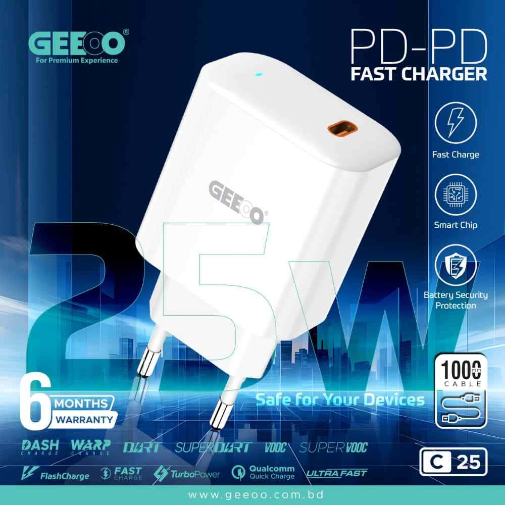 GEEOO C25 PD 25W Fast Charger – Ultra-Fast & Safe Charging for Samsung & Android Devices