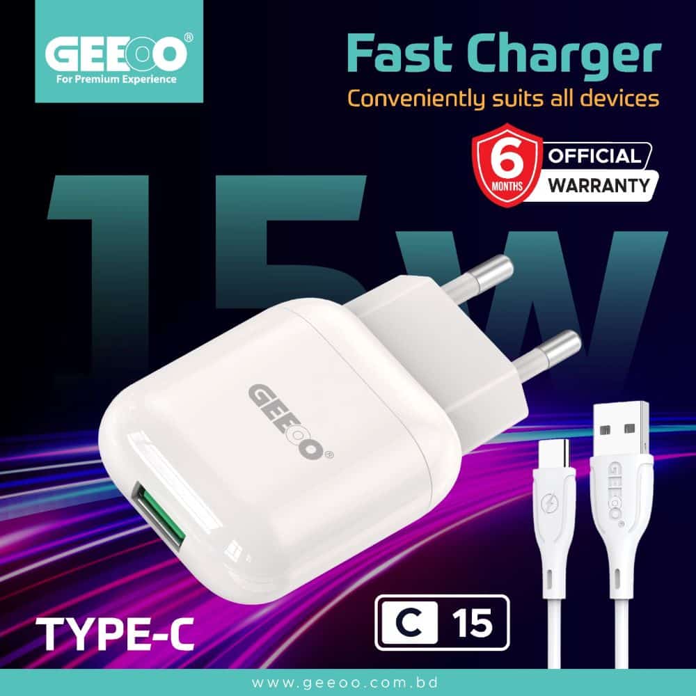 GEEOO C15 FAST CHARGING ADAPTER Material: PC Input: AC 100-240V 50/60Hz Output: 5V D.C. 3A/9V D.C.