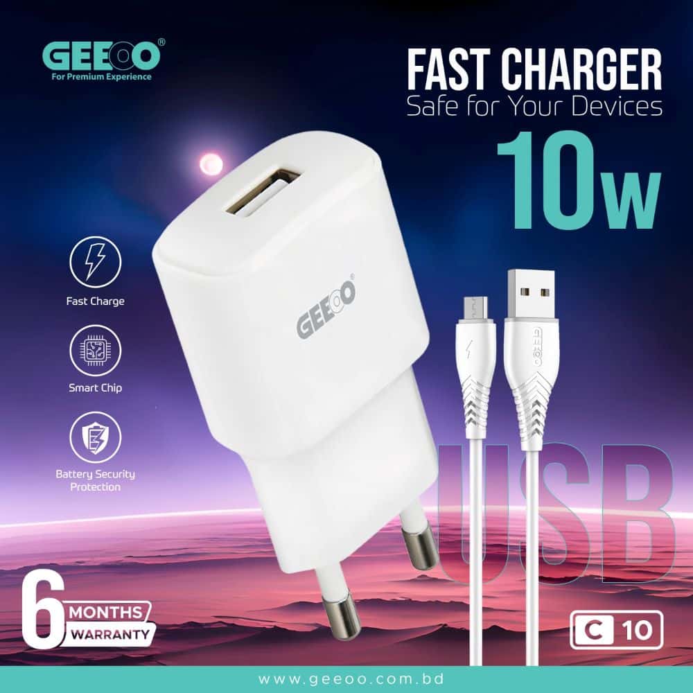 GEEOO C10 10W Fast Charger Set with Cable | Smart Chip | Micro & Type-C