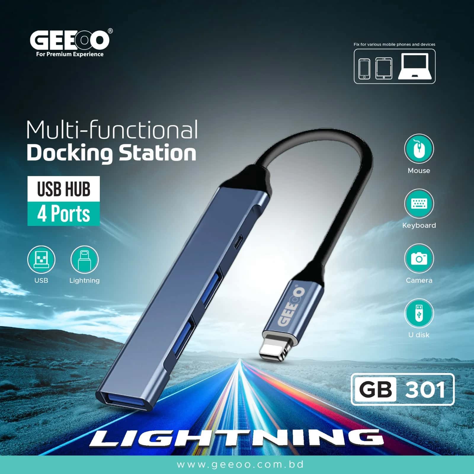 Geeoo GB 301 4-Port USB 3.0 Hub with Lightning Adapter for iPhone iPad Laptop