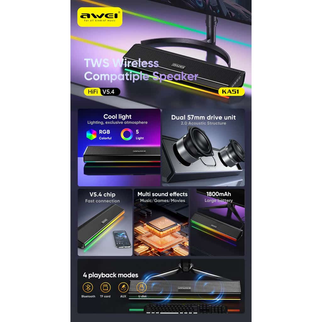 Awei KA51 12W Wireless Bluetooth Soundbar Speaker