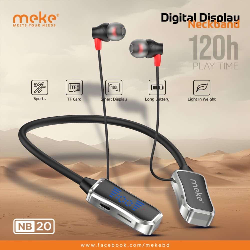 MEKE NB20 Sports Wireless Neckband – 120H Playtime, Digital Display, Bluetooth 5.6