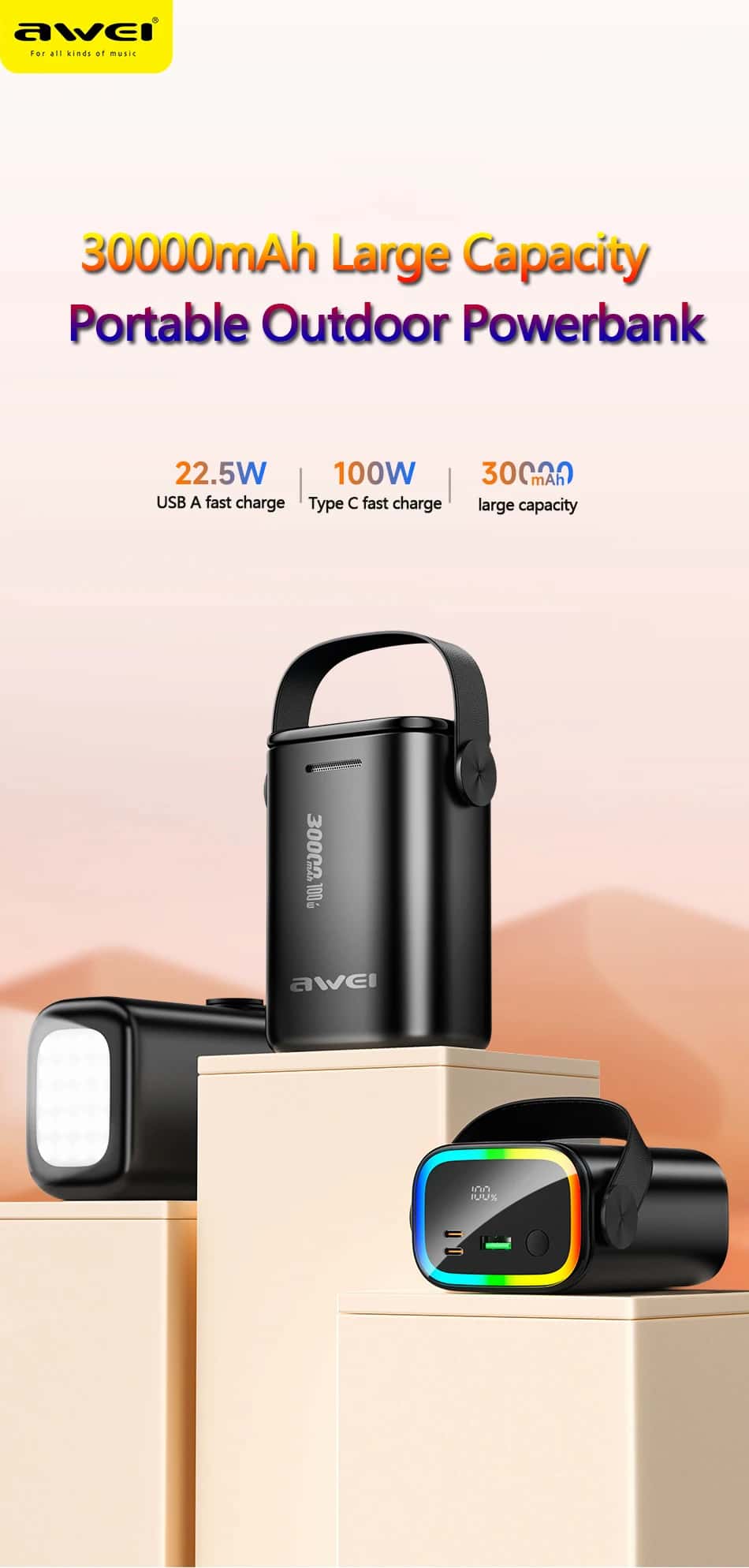 Awei P15K PD 100W Powerful Power Bank 30000mAh