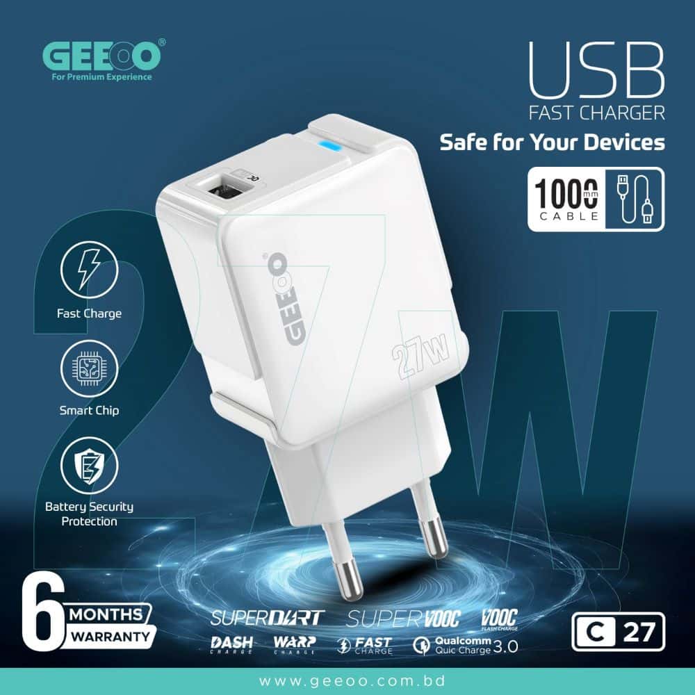 GEEOO 27W (M & C) Fast Charger Model: C27 Color: White Material: PC Cable Length: 1M USB: Single Port Input: AC 100-240V 50/60Hz Output: 5V = 3A, 9V=3A, 12V=2.75A, 15V=2.2A, 20V=1.65A Max 27w