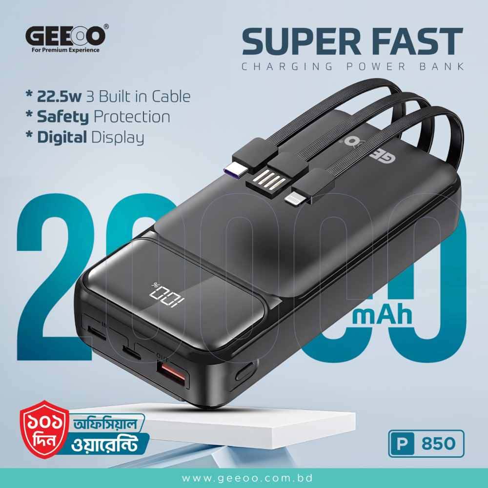 GEEOO FAST CHARGING POWER BANK Model : P850 Color : Black Material : PC Battery : 20000mAh/37Wh/3.7V Type-C Output :